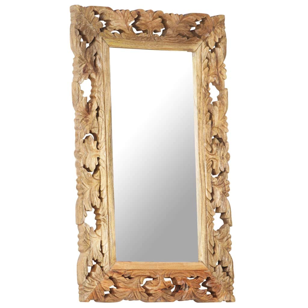 Espejo tallado a mano marrón de madera maciza de mango 80 x 50 cm con acabado natural para salón, baño, pasillo, decoración, cosméticos, maquillaje, cuerpo entero