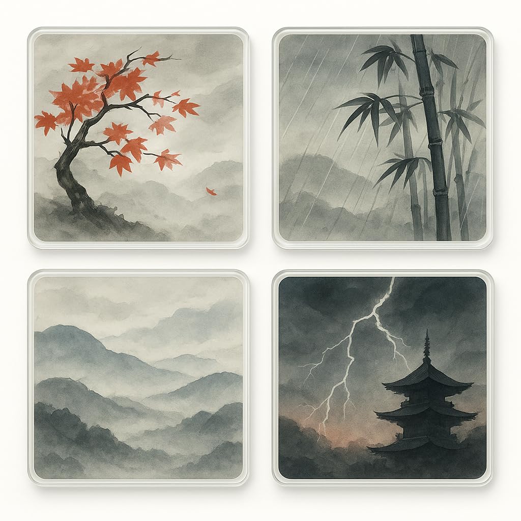 The Plum Penguin Sumi Serenity Acrylic Coaster Set Of 4 With Japanese Art - Zen Home Decor For Japandi Style Living Room