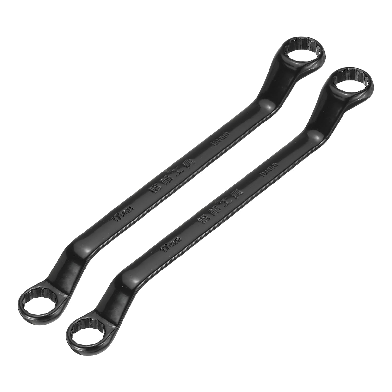 sourcing map 2pcs 45 Degree Offset Box End Wrench 17mm x 19mm Metric 12 Point Chrome Vanadium Steel Double Box Wrenches Long Industrial Grade Torx Box Wrench Repair Tool, Black