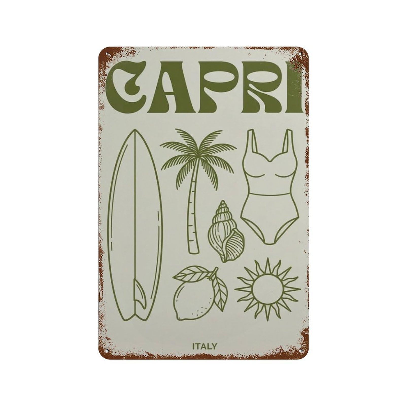 xiaoxiaoshen Capri Italy Green Line Travel With Surfboard Palm Tree And Lemon Minimal Coastal Wall Decor Art Metal Tin Poster Modern Home Decor Art Home Bar Shop Decorations Vintage Sign 30x20cm