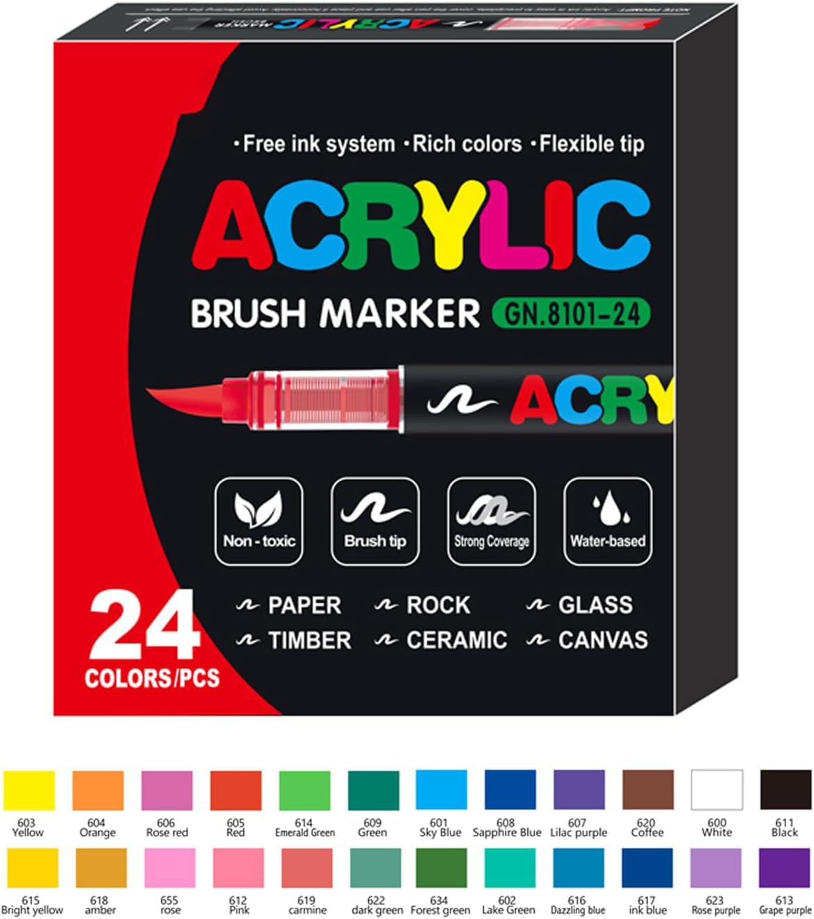 TERRIFI Acrylic Paint Pens, Soft Brush Tip Acrylic Markers, 24 Colors Ideal for Canvas, Rock Painting, Wood, Stone, Glass, Ceramic, Fabric Painting, DIY Crafts