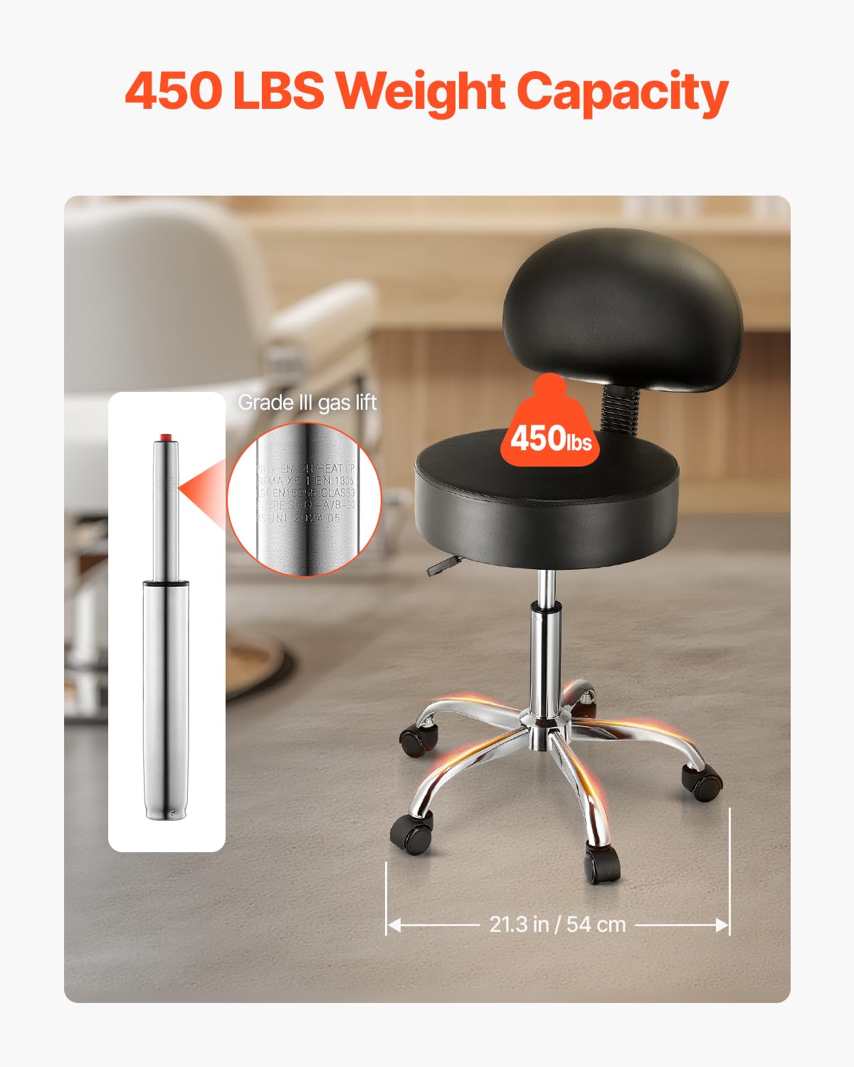 VEVOR Tabouret à roulettes avec Support Dorsal, capacité Poids 204 kg, Rond Tabouret Roulant, Hauteur réglable, Chaise pivotante en Cuir PU épais, pour Salon, Spa, Massage, Tatouage, Clinique, Noir