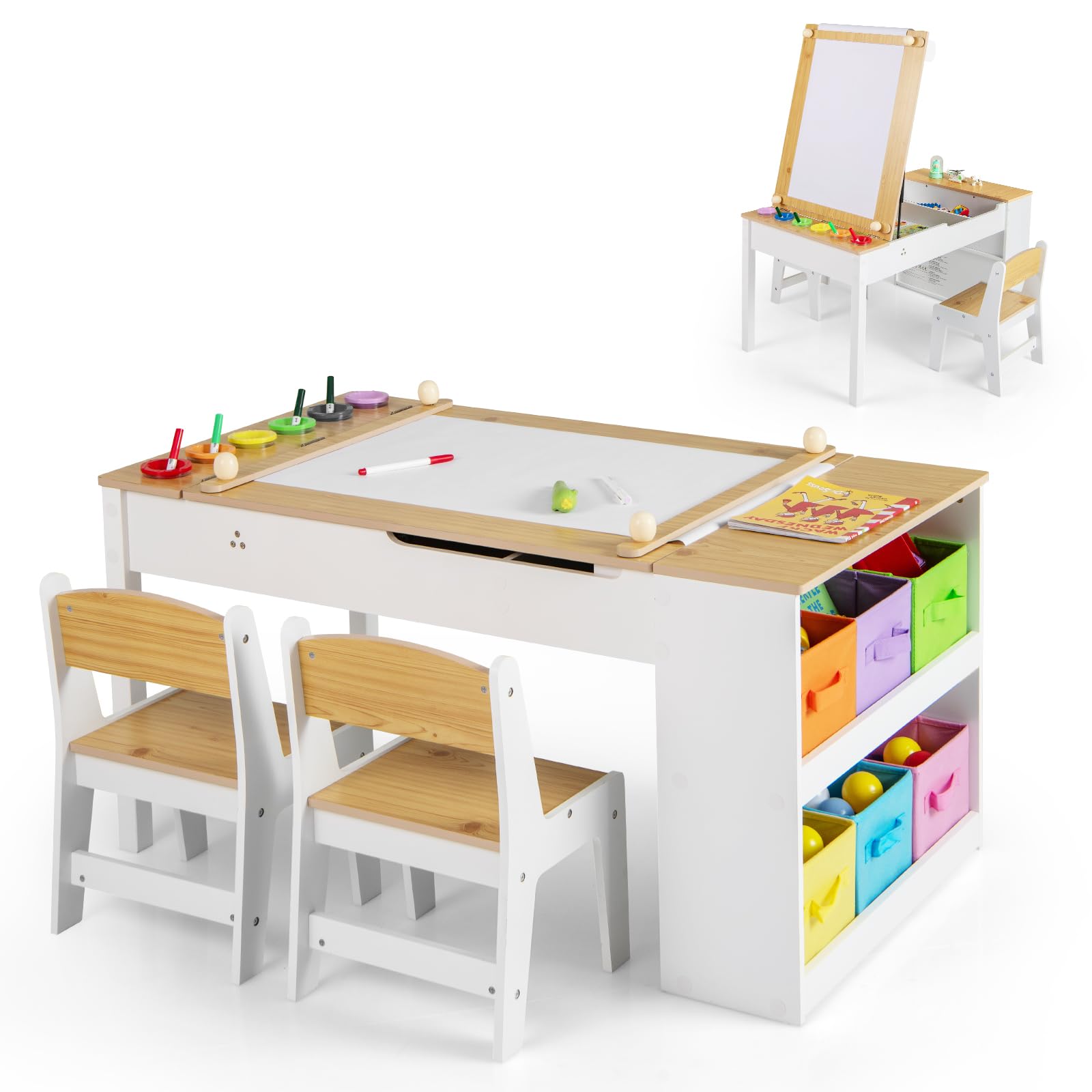 COSTWAY Set Tavolo da Disegno e Cavalletto per Bambini 3+ Anni con 2 Sedie, Tavolo Multifunzione in Legno con Piano Sollevabile, Rotolo di Carta, 6 Bicchieri di Vernice (Naturale)