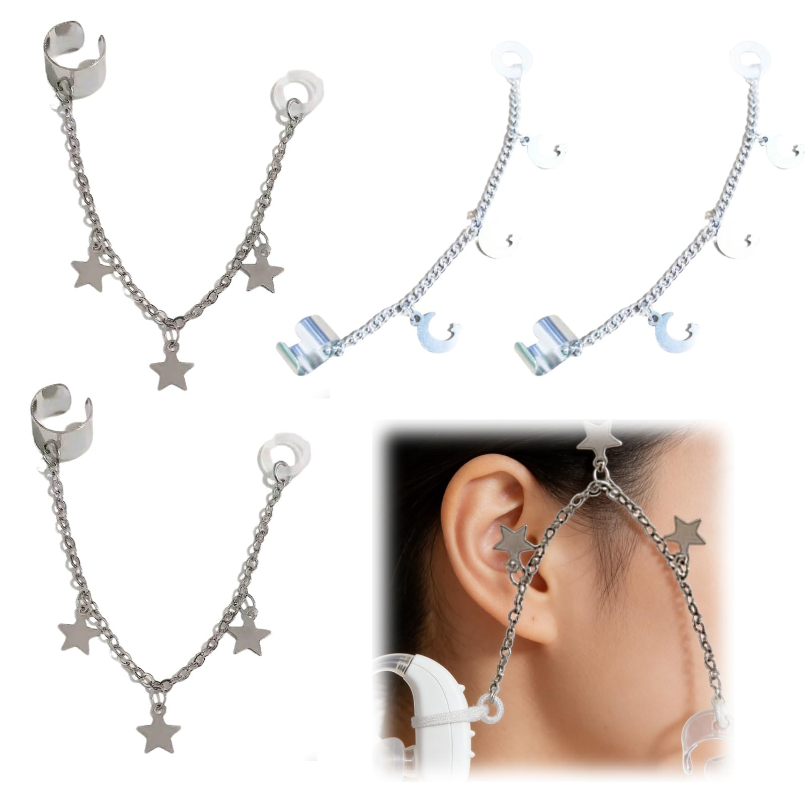 4 Pack Hearing Aid Security Clips Universal Anti-Loss Lanyard with Star and Moon Charms Retention Clip to Prevent Loss for Hearing Aids and Amplifiers