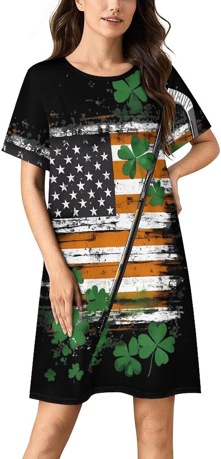 St And Patricks Hockey USA Flag Nightgowns for Women Short Sleeve Sleep Dress Casual Sleepshirt Night Gowns Pajamas