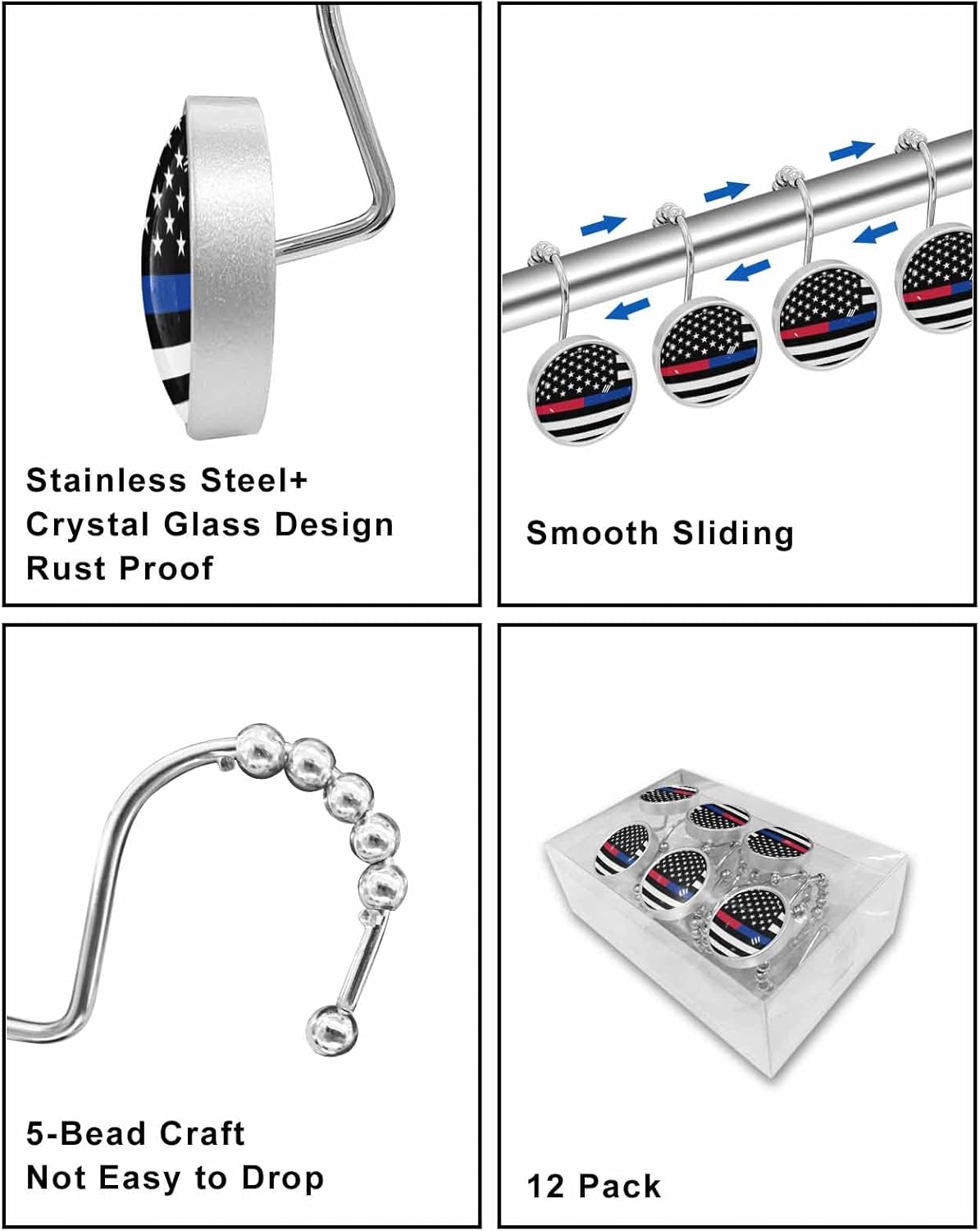 Shower Curtain Hooks 12 Pcs, Thin Blue Line Stainless Steel Rust Proof Rolling Shower Curtain Rings, Decorative Shower Curtain Hooks Hangers for Bathroom