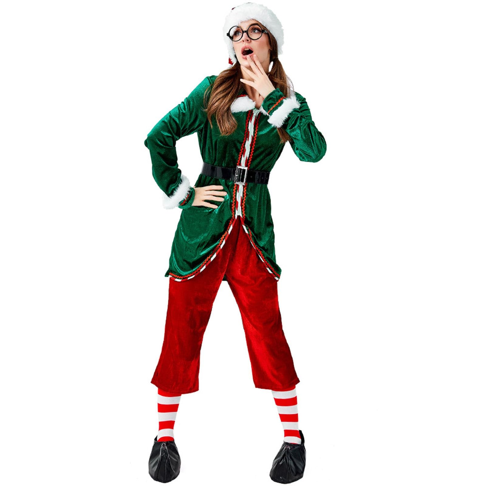 Générique Costume De Lutin Noël Pour Femme Et Homme Deguisement Noel Vêtements D'Elfe Fête Costumes Vert Robe Soirée Velours Fourrure Ensemble Chapeau Chemise Pantalon