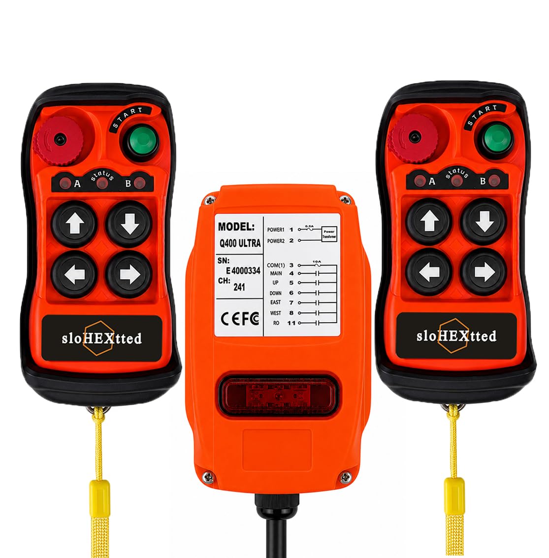 Telecomando industriale wireless a 4 pulsanti per gru e paranco elettrico 28-465V 2T1R | Trasmettitore e ricevitore radio per paranco elettrico a catena e carroponte con pulsante di arresto di emergenza.