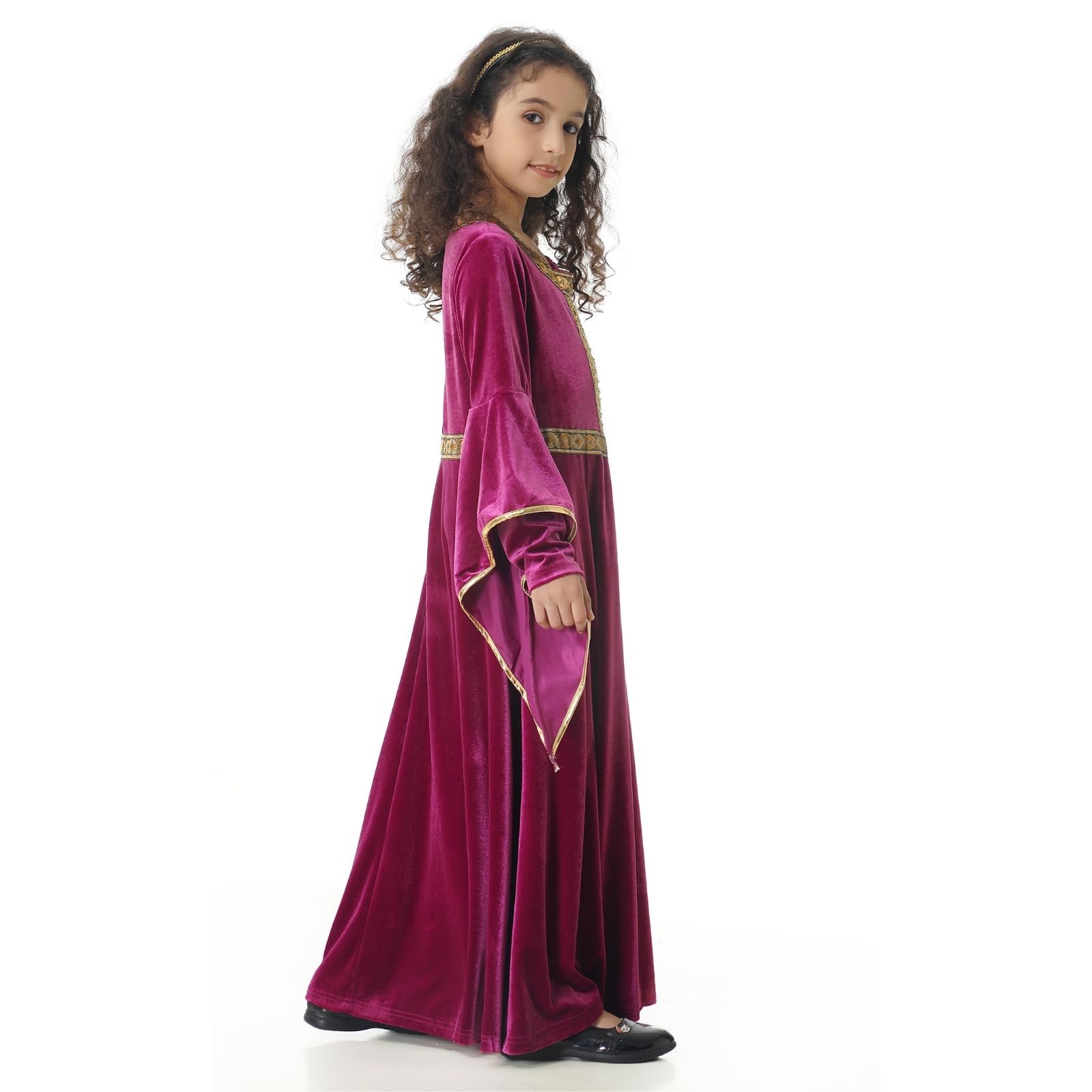 maxToonrain Girls Medieval Princess Costume Renaissance Velvet Dress Kids Royal Fancy Dress Up for Halloween World Book Day (Pink - Image 4
