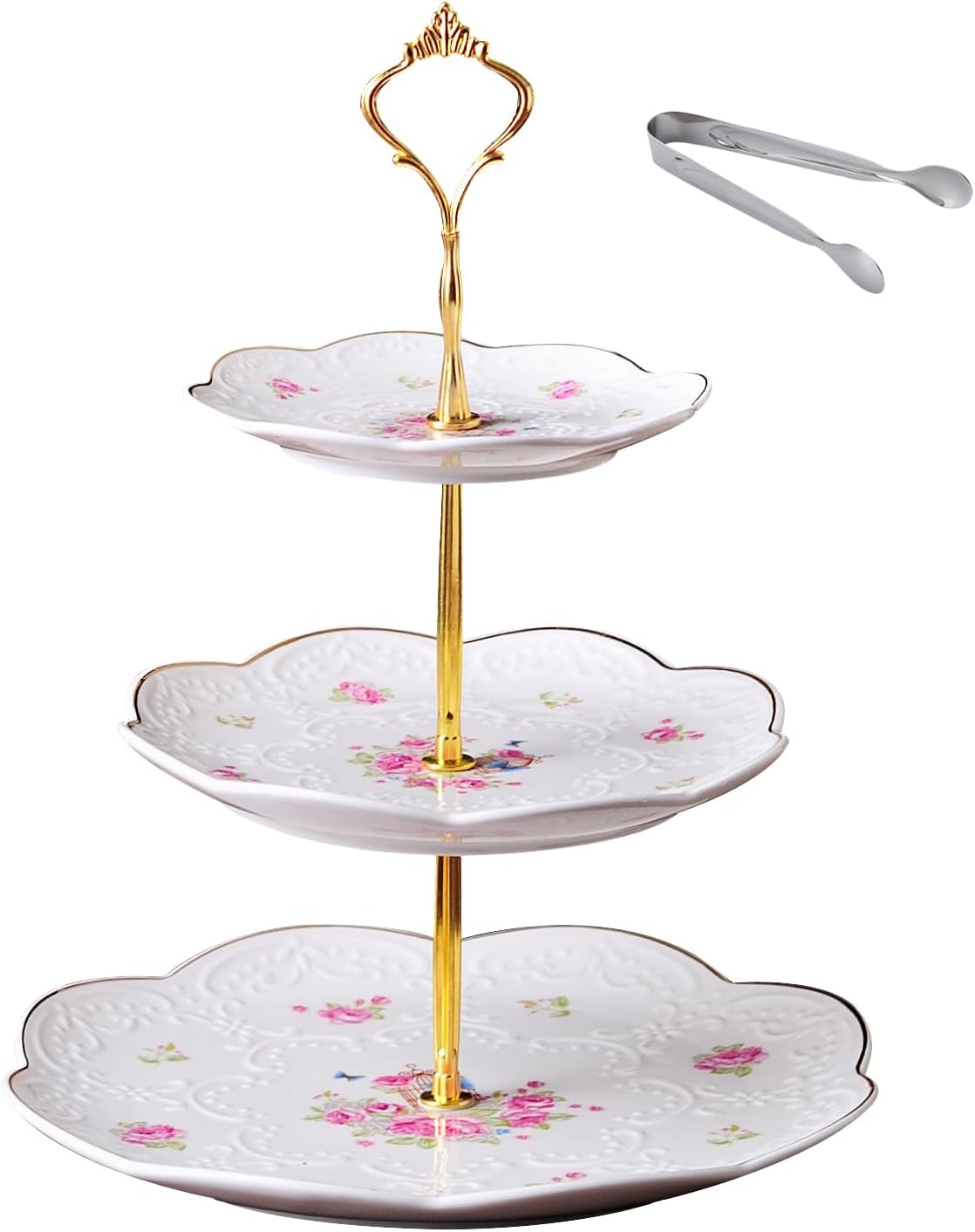 Claytonic® Elegant Embossed Floral Pattern 3-Tier Ceramic Cake Stand- Cupcake Stand- Tea Party Pastry Serving Platter in Gift Box and a Free Sugar Tong