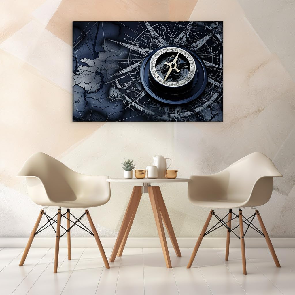Journey of Discovery - A Compass and Vintage Map Blend History with Adventure Large, Decor, Office, Bedroom. Size: 130x86 cm (51x34 inch) Canvas Wall Art - Retro Home Decor - 69x46 cm (27x18 inch)