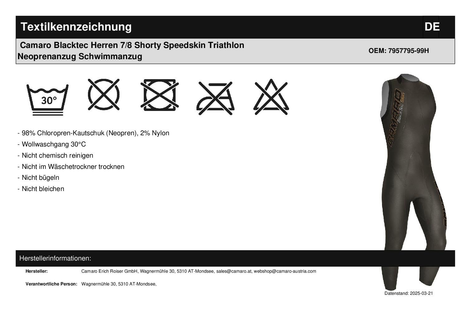 Camaro Herren Schwimmlongsuit Blacktec Skin 7/8