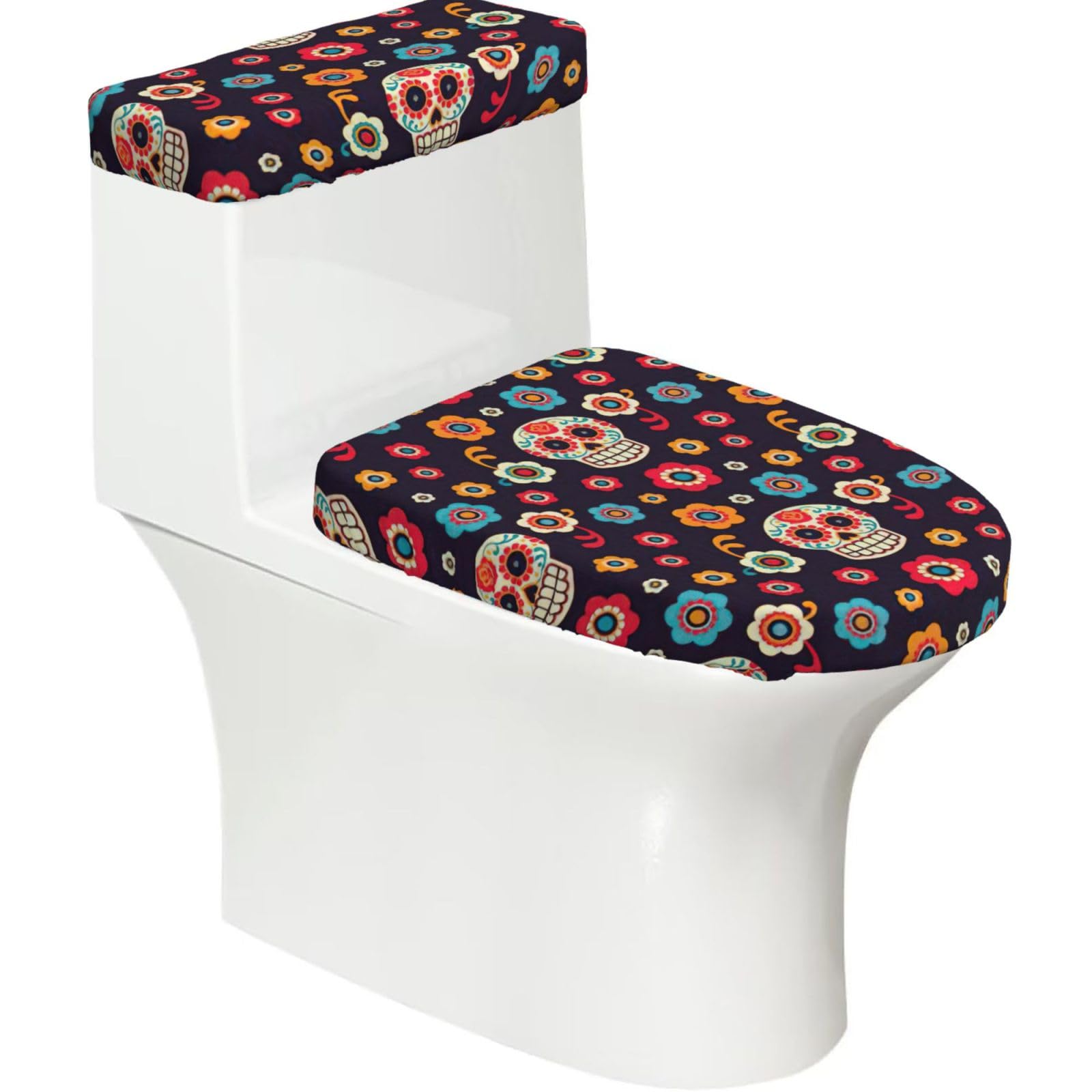 Mexican Skull Print Bathroom Decor Toilet Lid Cover And Tank Covers, Restroom Accessories Fits Most Round