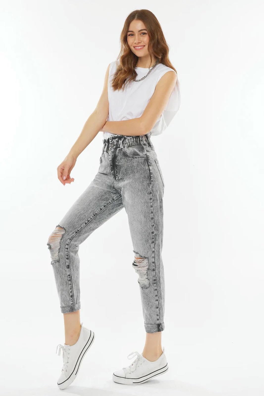 Jeans Donna Alta Vita Gamba Dritta Strappato Afflitti Pantaloni in Denim-Grigio-s