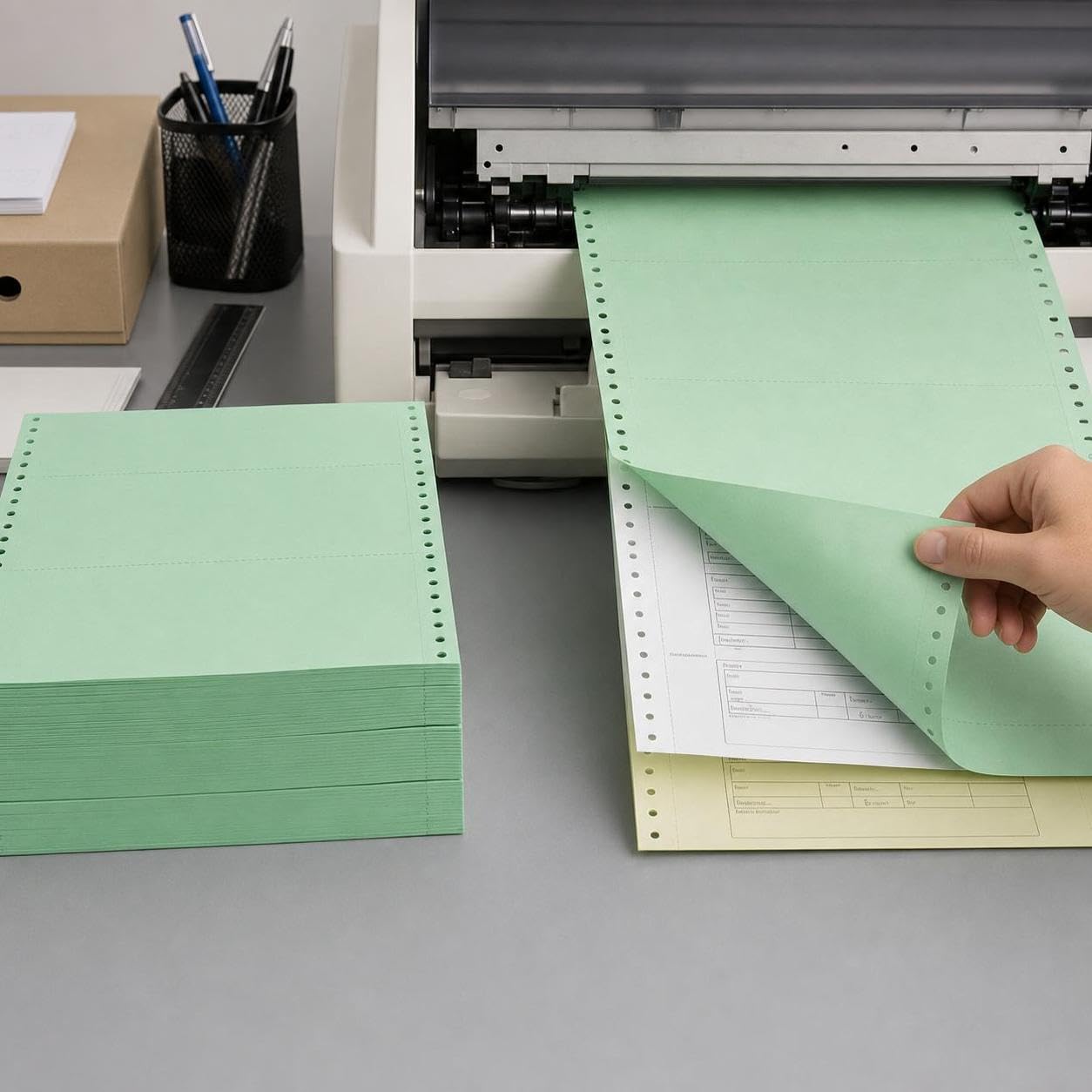 Endlospapier für Nadeldrucker, Computerpapier 2- bis 5-fach Durchschreibepapier mit Abreißkanten, Großpackung 800 Seiten, Grün, 4-fach, 2-geteilt, 10er-Box