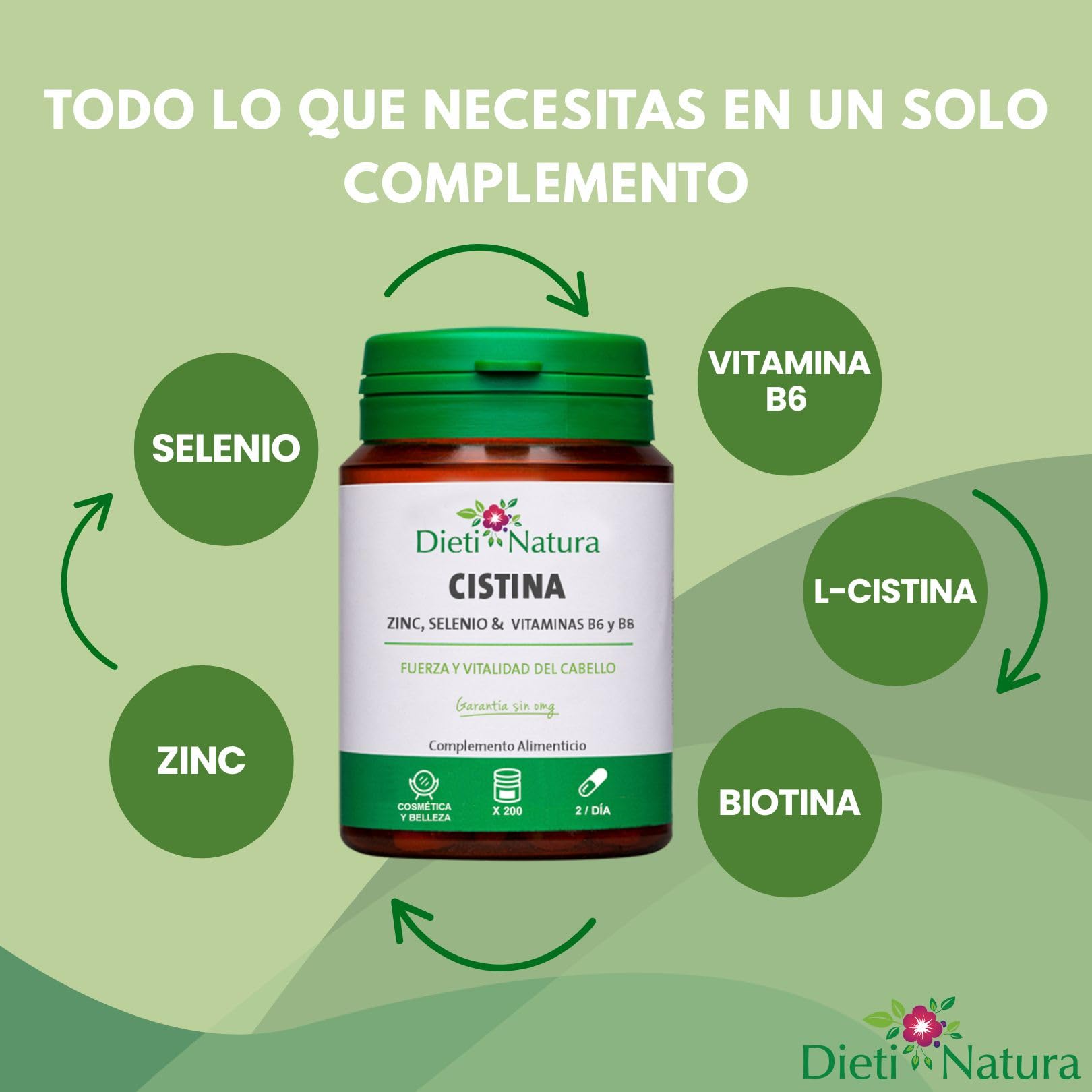 Dieti Natura 200 Cápsulas de Cistina para el Cabello con Vitamina B6 - Vitaminas para el Cabello Mujer y Hombre - Previene la Caída del Cabello - Hair Vitamins (600 Cápsula)