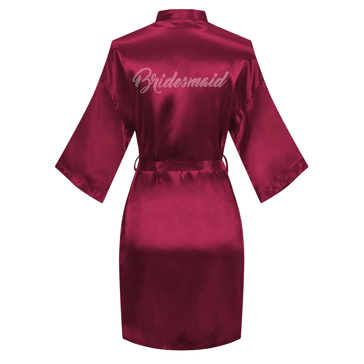 Women's Satin Robe Bride Bridesmaid Short Kimono Robes with Silver Rhinestones for Wedding Party Getting Ready