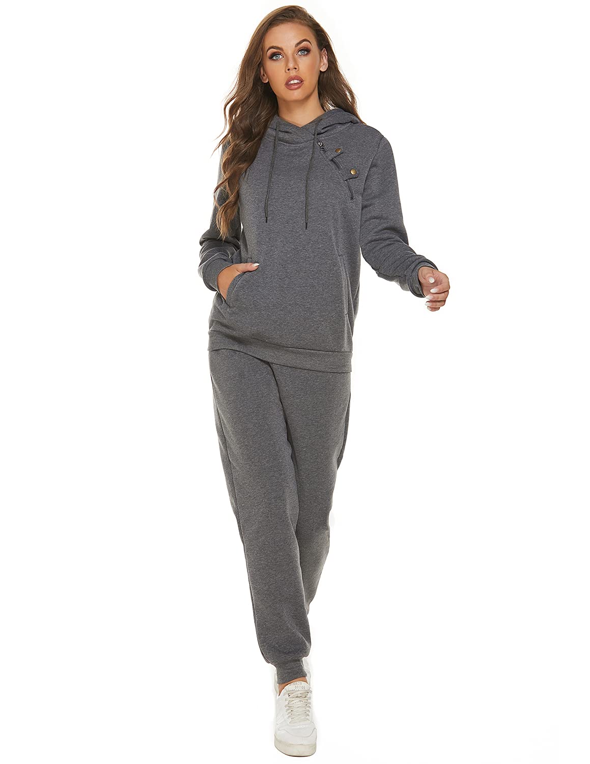 Dres treningowy damski, dwuczęściowy z długim rękawem, z zamkiem błyskawicznym, na jesień, zimę, do jogi, fitnessu, sportu, na czas wolny, szary, M