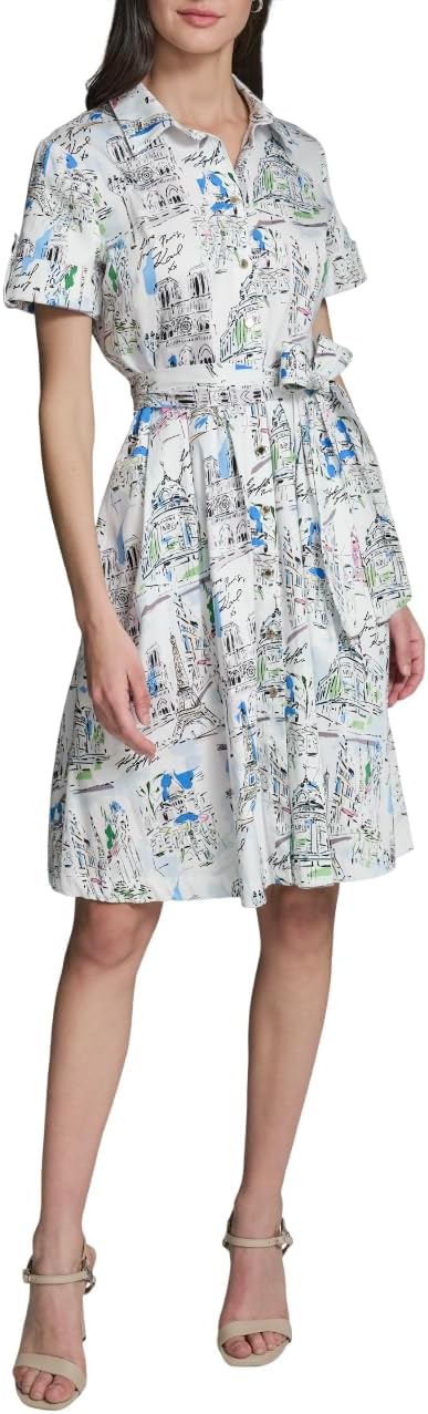 Karl Lagerfeld Womens Short Sleeve Collared Neck All Over Whimsy Print Button Down Midi Dress