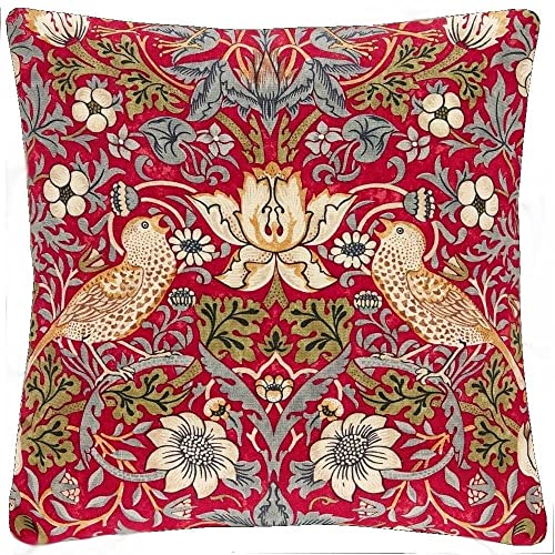Image of Jansons Direct Linens 100% Cotton Strawberry Thief Cushion Cover in Red 45cm x 45cm William Morris Gallery
