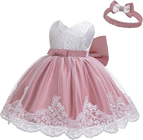 HOIZOSG Baby Vestidos Kleine Meisjes Doop Tutu Jurk Prinses Strik Bruiloft Verjaardag Doop Party Jurken w/Hoofddeksels, Wit, 18-24 maanden