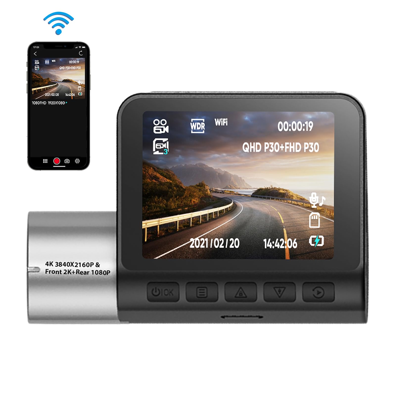 Kamera samochodowa 4K Przedni rejestrator wideo 2K i tylny 1080P z dwoma obiektywami – Super noktowizor z szerokim kątem 170 stopni – Sterowanie za pomocą aplikacji Wi-Fi –
