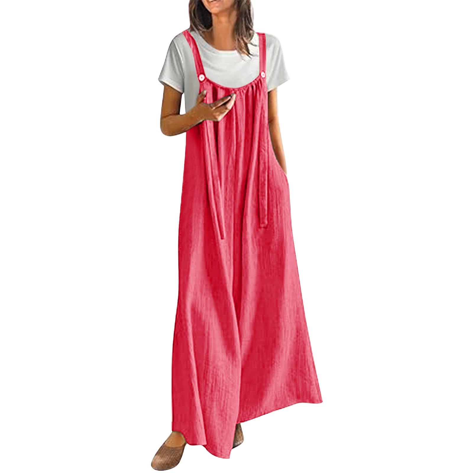 Salopette da donna lunga a gamba larga, in mussola di lino, leggera | Tuta, traspirante, tinta unita, bohémien, con bretelle, pantaloni in tessuto, con tasche, pagliaccetto, per spiaggia, vacanze