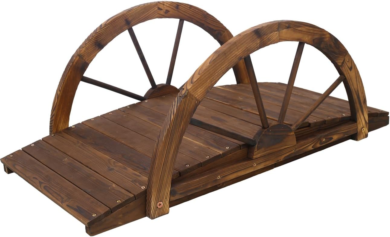 ZeHuoGe 3.3 FT Wooden Garden Bridge Arc Footbridge with Half-Wheel Style Railings & Solid Fir Construction