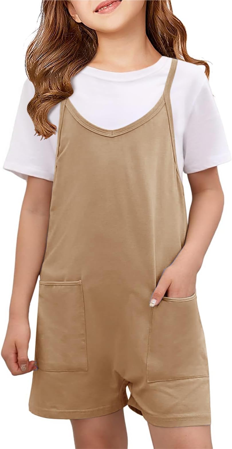 Girls Summer Jumpsuits Spaghetti Strap Sleeveless Loose Romper Short Pants with Pockets 5-14 Years