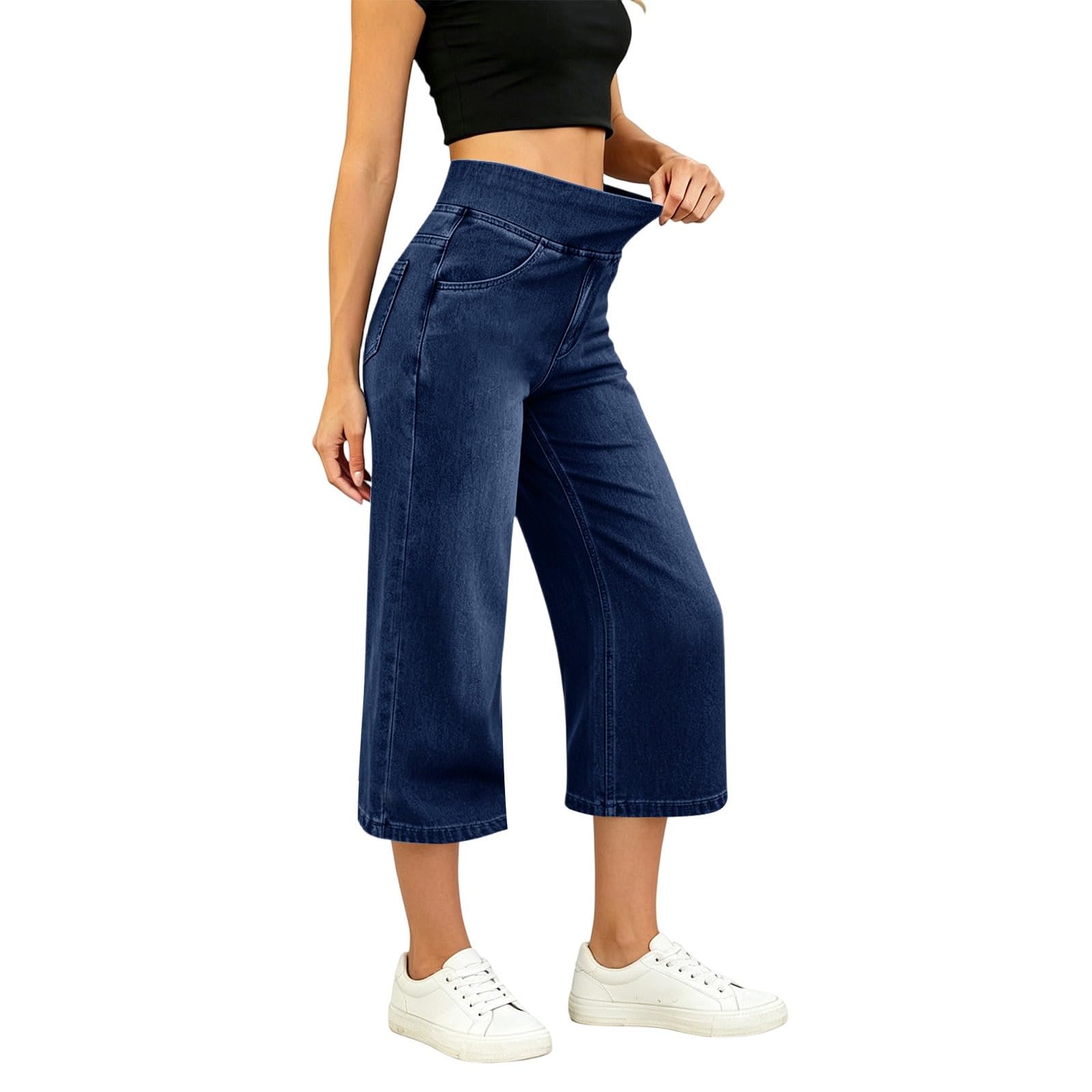 Générique Jean Femme Taille Elastique 7/8 Jeans Elastique Femme Jean Push Up Slim Pantalon Taille Haute Décontracté Jeans Coupe Droite Pantacourt Y2k éTé Essentials