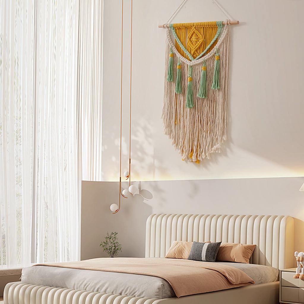 BMIDRUT Arazzo Macramè da Parete, Decorazione Boho Fatta a Mano, per Camera da Letto, Soggiorno, 45 x 70 cm (Giallo)