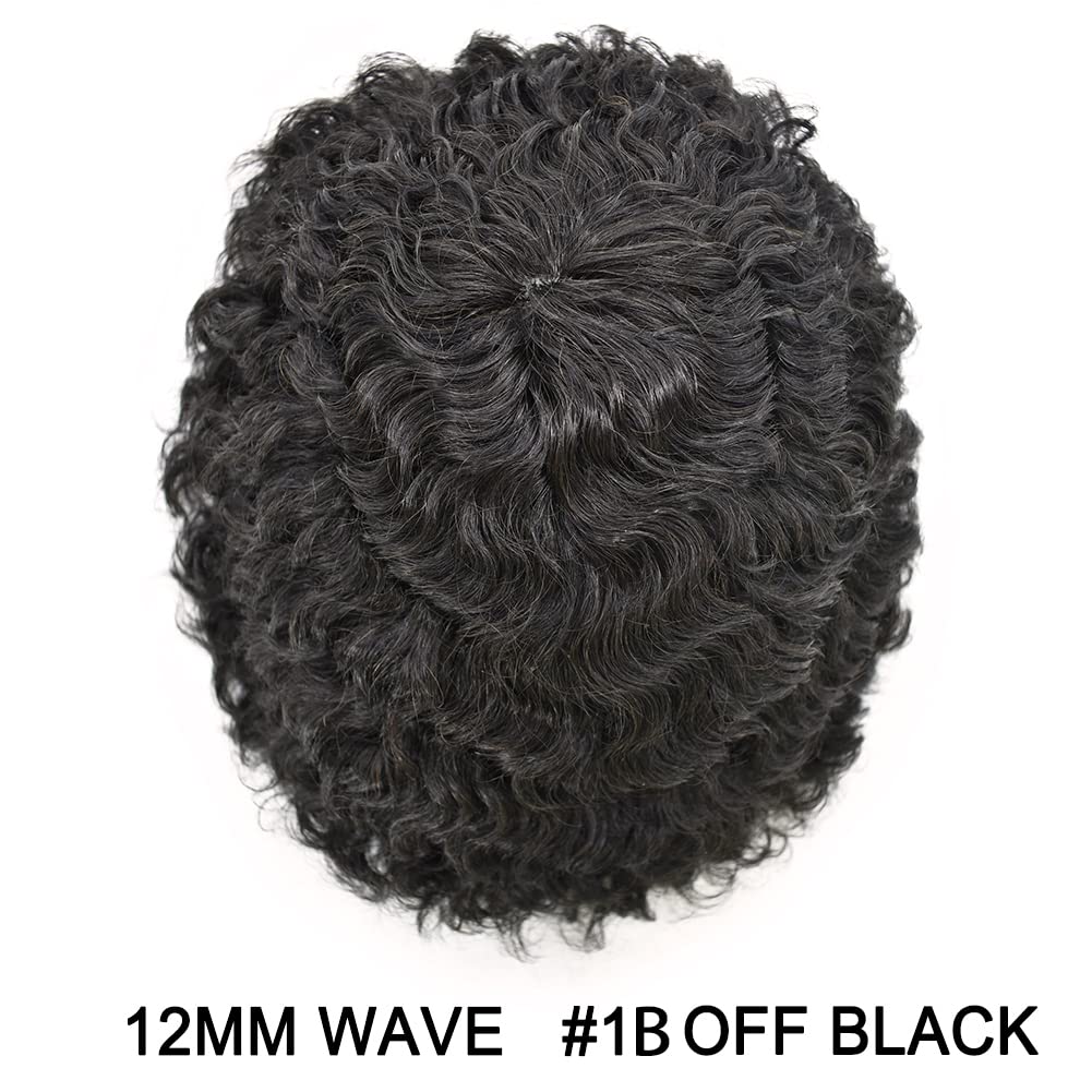 Afro Curly Mens Toupee Full Poly African American Hairpiece All Injected PU Skin Afro Kinky Curly Wigs Wavy Afro Toupee for Black Men FACE MIRACLE (8 * 10, 1B# OFF BLACK -12MM)