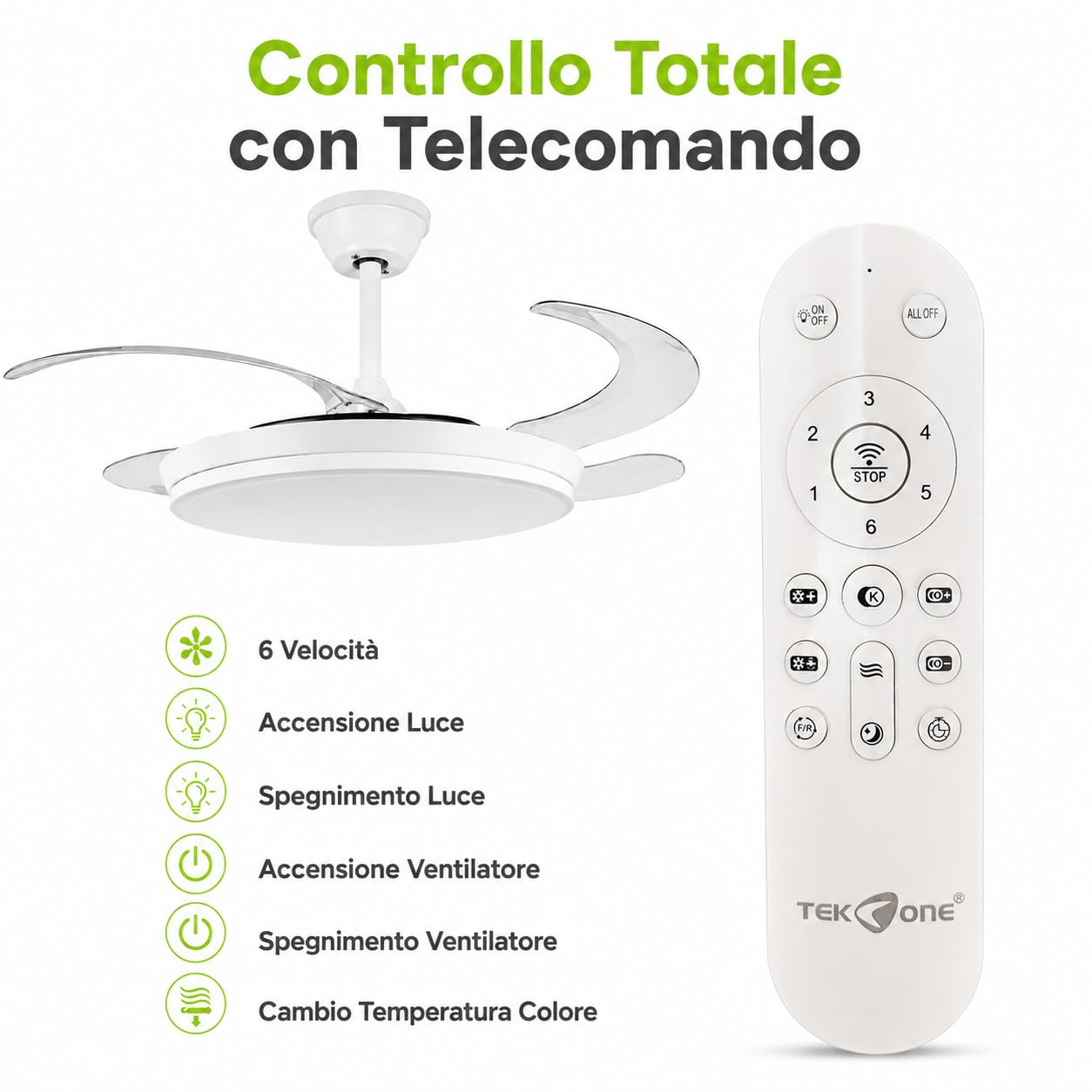 Ventilatore da Soffitto con Luce LED 36W e Telecomando | Pale Retrattili 106 cm | 6 Velocità Motore DC | CCT 3000K 4000K 6500K | Lampadario Ventilatore Moderno
