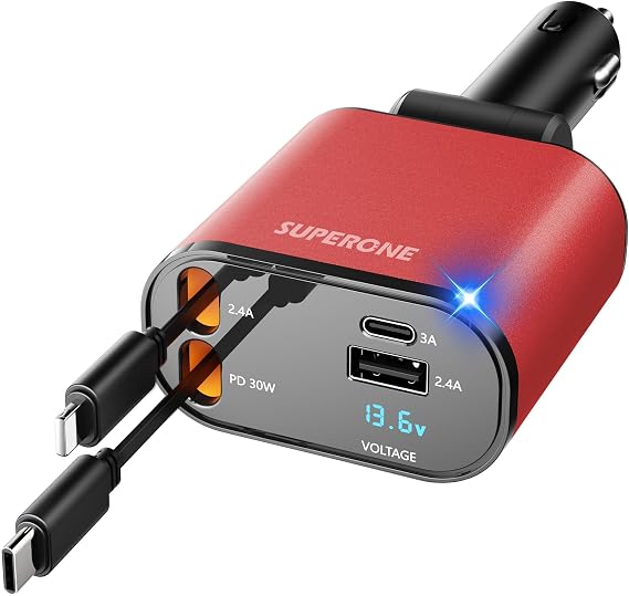 SUPERONE Upgraded Retractable Car Charger 4 in 1, Fast Car Phone Charger with Cord 2.6ft, USB C and Apple Car Charger Adapter, Compatible with iPhone 17/16/15/15 Pro Max/14/13/12/11, Galaxy, Pixel