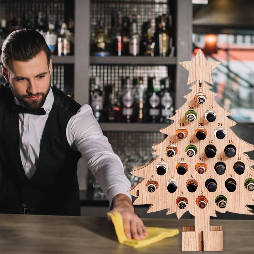 FauitayChristmas Advent Calendar Countdown 24 Wooden Christmas Tree Mini Alcohol Holder Wine Bottle Stand Decoration Gifts (C)