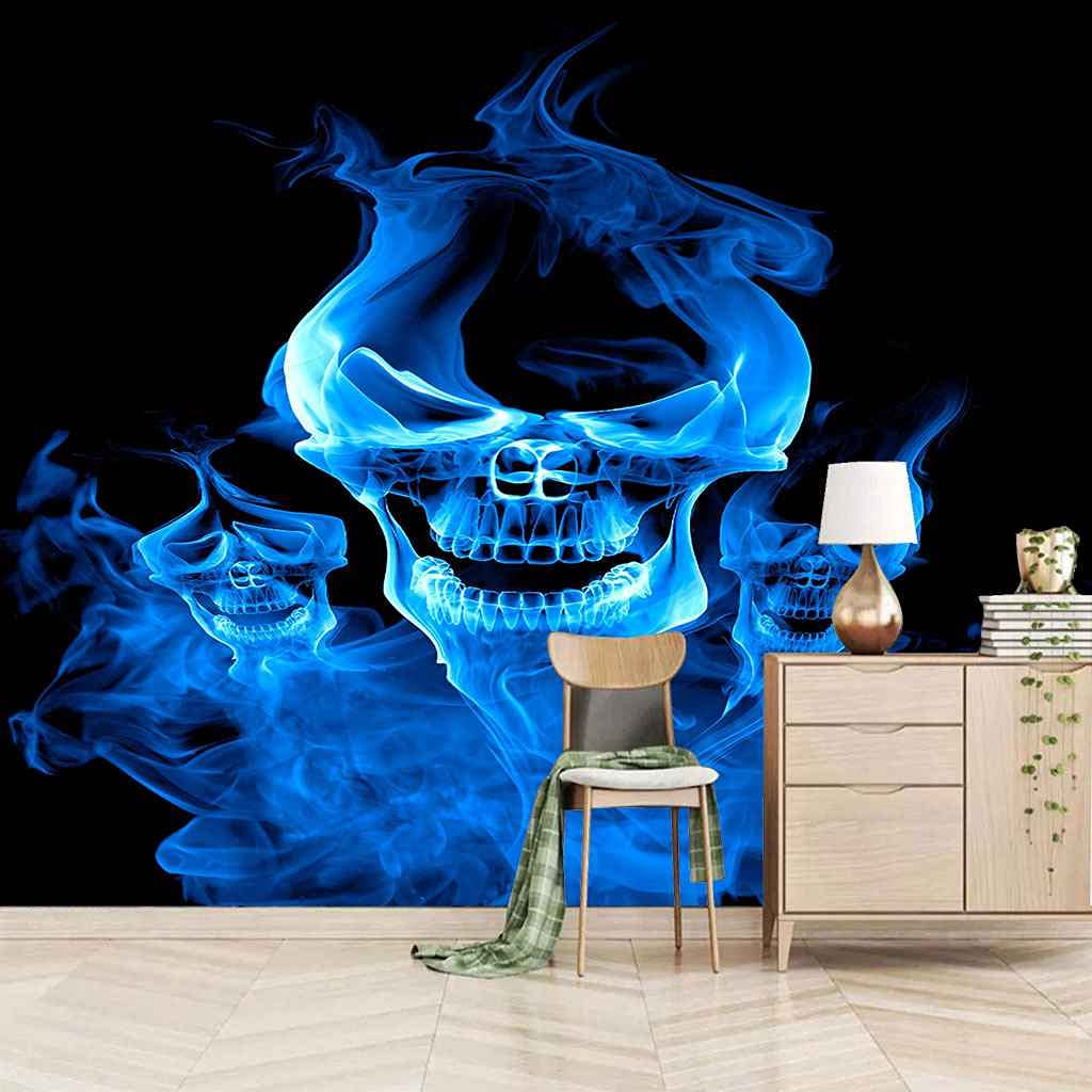 Papier Peint DIY Autocollant Crâne Bleu 150x105 cm pour Décoration Murale