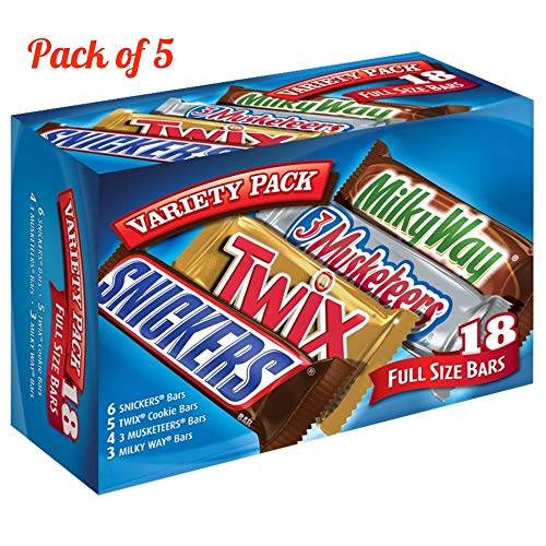 SNICKERS, TWIX, 3 MUSKETEERS & MILKY WAY Full Size Halloween Chocolate Candy Bars Variety Mix, 33.31-Ounce 18-Count Box (Pack of 5)