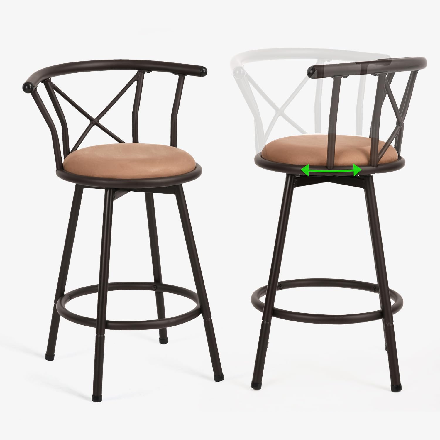 MEUBLE COSY Taburetes de Bar Juego de 2, Sillas de Cocina en Piel Sintética, Giratorio en 360° con Respaldo y Reposapiés, Asiento Acolchado de 63 cm de Alto, Patas de Acero