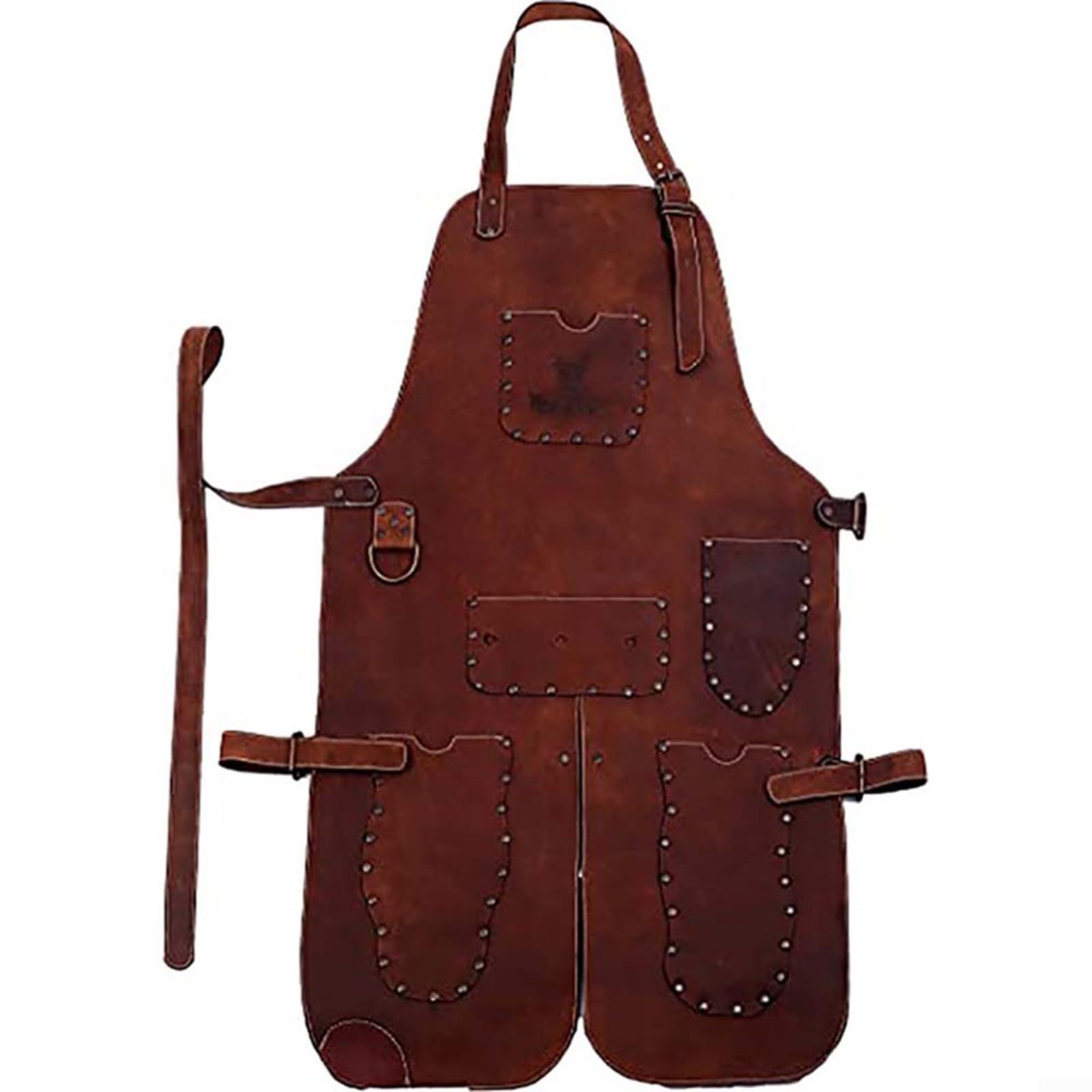 Tablier de soudeur double face en cuir de vachette, ignifuge et résistant à la chaleur, avec poches à rivets pour le travail du bois et du métal