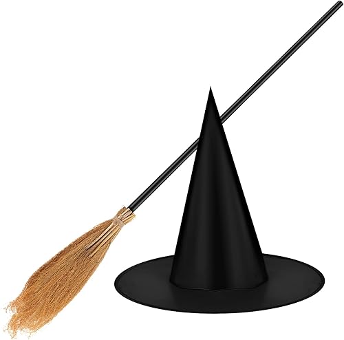 Jetec Juego de sombrero de escoba de bruja de Halloween, sombrero de bruja negro con escoba de bruja de Halloween, bruja maga realista para fiesta