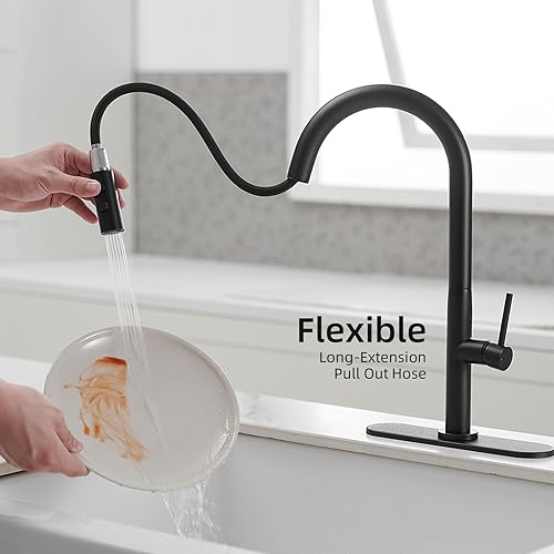 Miniatura 4 de BWE Grifos de cocina con rociador desplegable de 2 funciones de arco alto negro mate grifo de fregadero de cocina de latón de una sola manija con