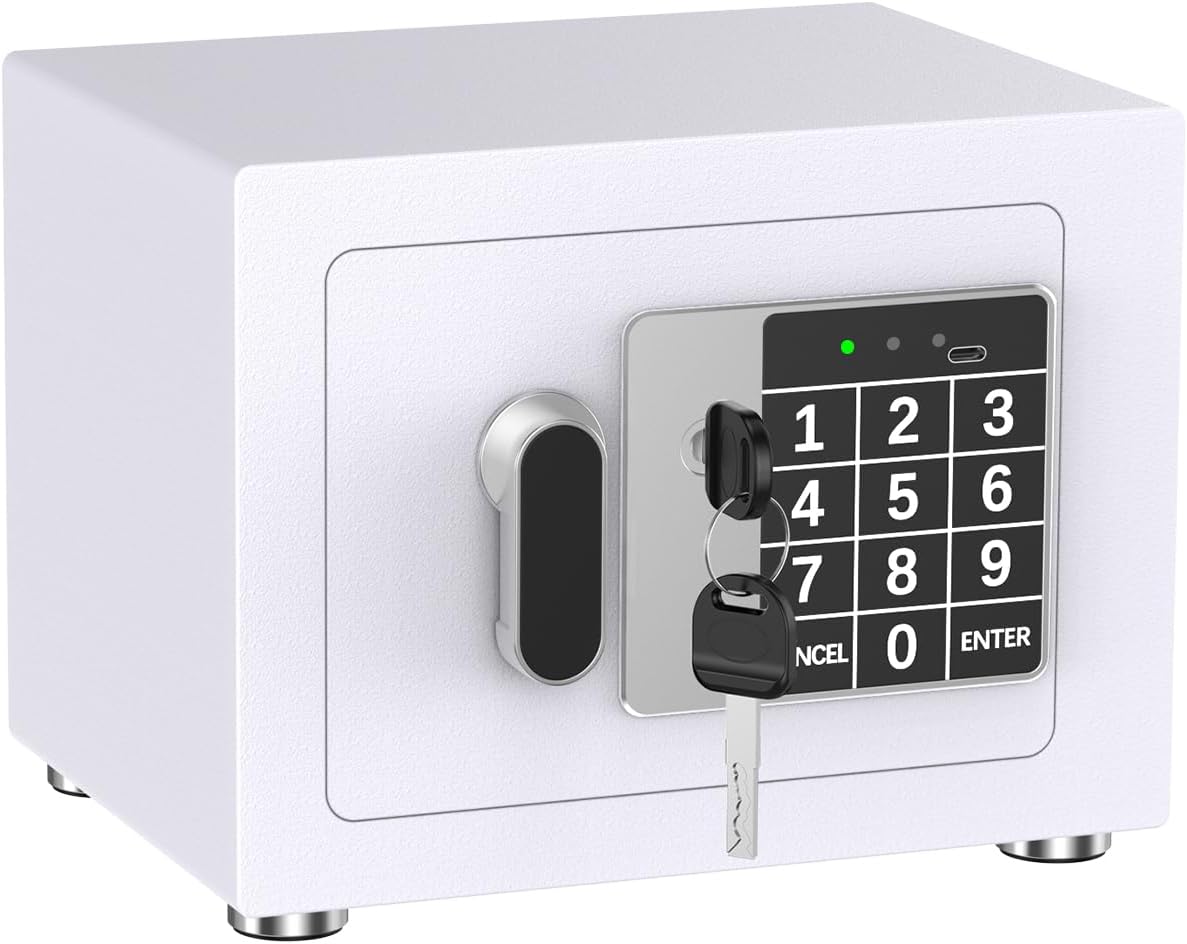 Small Home Safe, 6.7”D x 9”W x 6.7”H, Electronic Keypad Lock Security Box for Cash, Jewelry, Passport, Hidden Safe for Closet, College Dorm Room, White