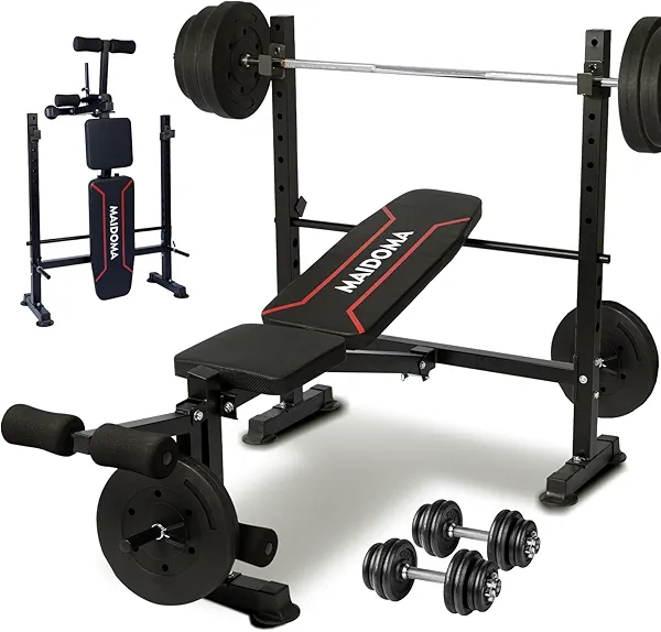 MAIDOMA 1500LBS 8 in 1 Olympic Weight Bench Set with Leg Extension/Curl and Preacher Curl, Bench Press Set and barbell Rack with Safety Bar Catches, Foldable Workout Benches for Home(US Stock)