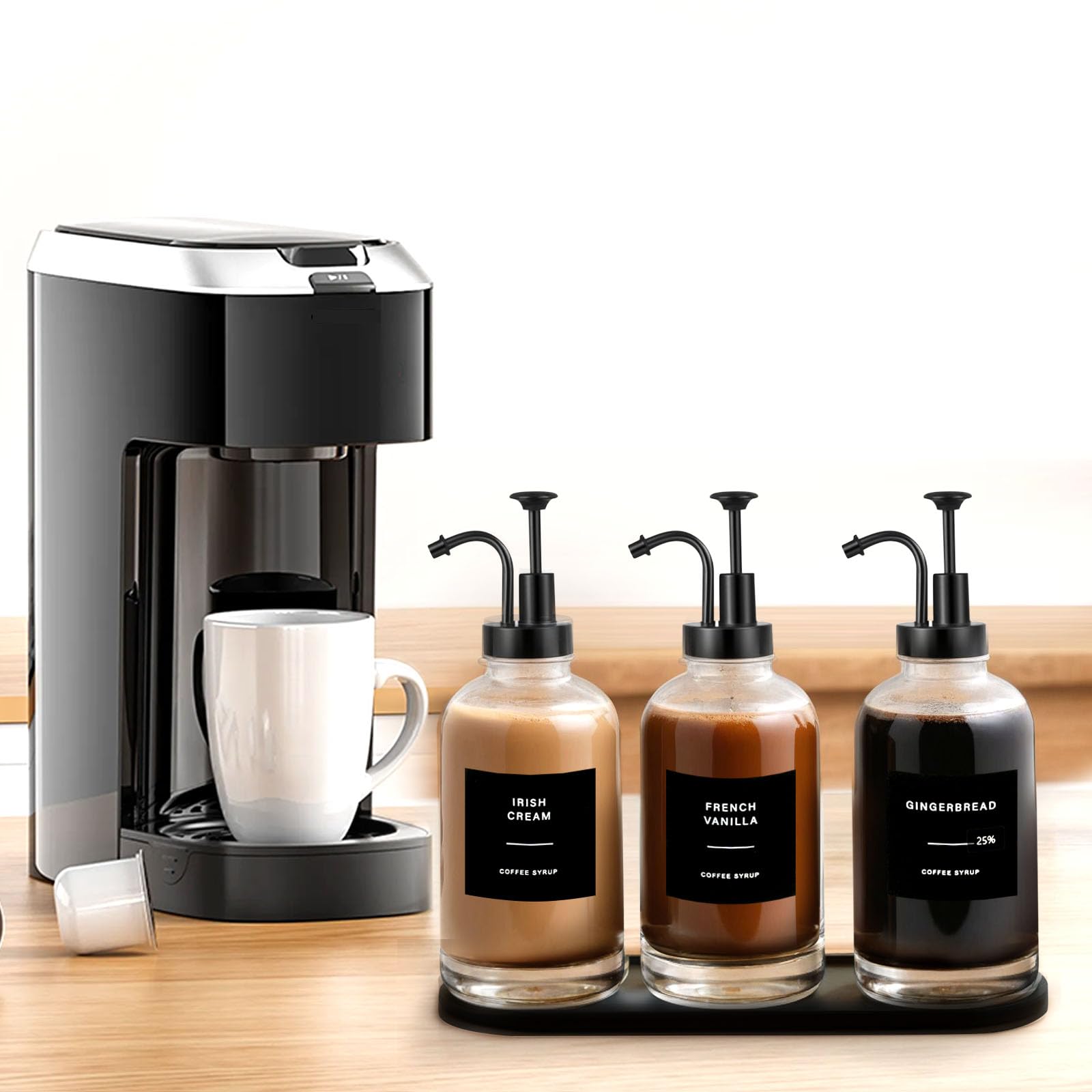 Sunal Kaffee Sirup Spender,Set of 3 Glas Sirup Spender,500ml/16,9 oz Schwarz Honig Pump Flasche mit 36 Wasserdichten Etiketten,1 Tray und 1 Silikon Trichter für Küche Kaffee Bar