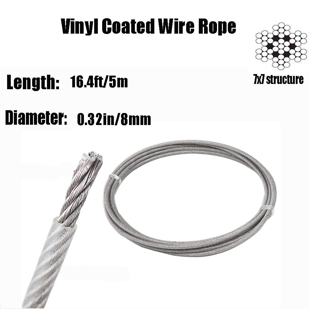 Cavo Metallico in Acciaio Inossidabile 304, Rivestito in Vinile Trasparente, Intrecciato, antiruggine, Lunghezza Struttura 7 * 7, 16,4 Piedi/5 m, Diametro 0,4/10 mm(Dia0.32/8mm)
