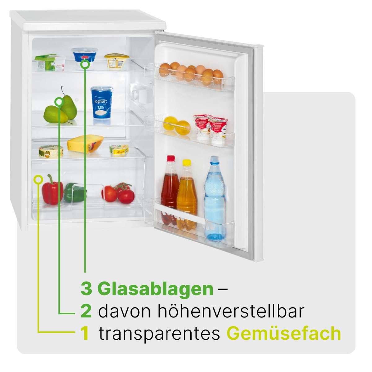 Bomann Kühlschrank ohne Gefrierfach, 133 Liter Nutzinhalt, 3 Ablagen, Kühlschrank klein mit Gemüsefach, wechselbarem Türanschlag, Tischkühlschrank leise, H:84.5 x B:56 x T:57.5cm - VS 2185.1 weiß