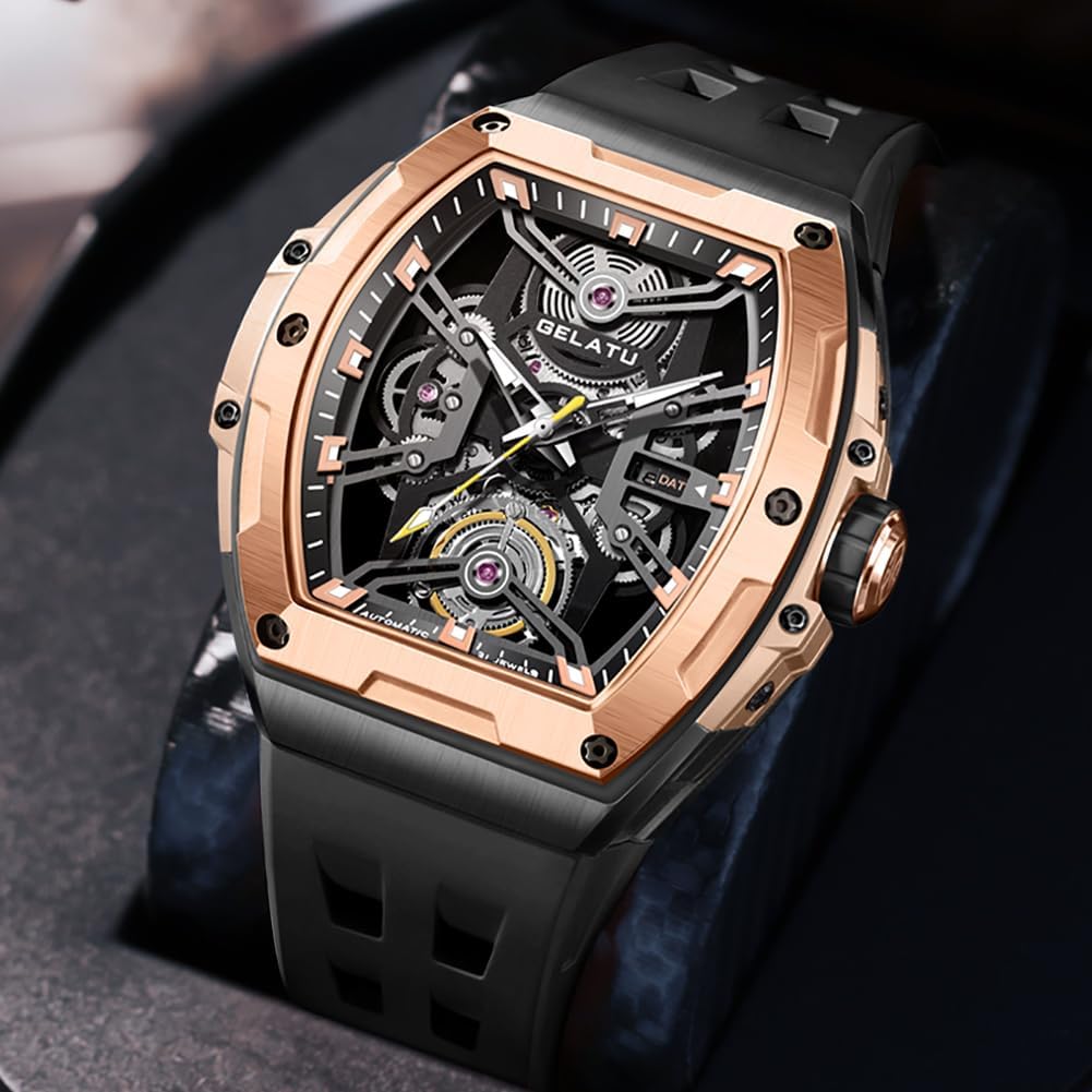 OLEVS Luxus-Uhren für Herren, schwarz, mechanische Armbanduhr, selbstaufziehend, automatische Tourbillon-Uhren, Skelett, wasserdicht, Herren-Armbanduhr