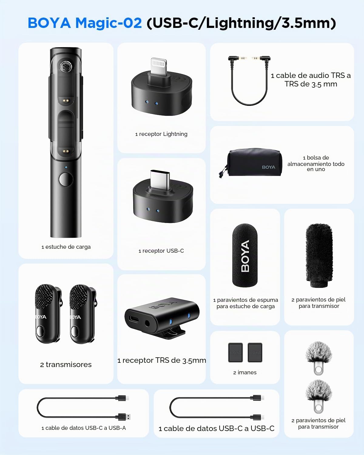 BOYA Magic Mini micrófono de Solapa inalámbrico para teléfono móvil (2TX+3RX), 48 kHz/24 bits, 30 Horas, para iPhone/Android/PC/Cámara Vlogs, entrevistas, Youtube TikTok livestreaming