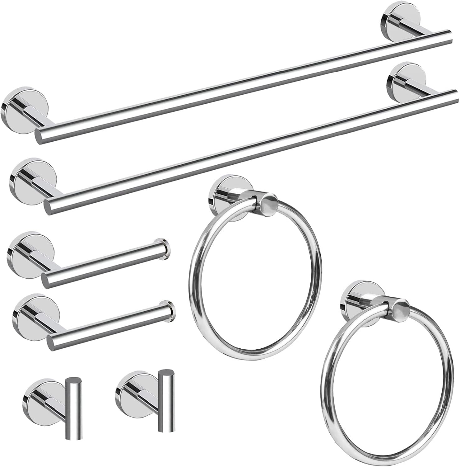 Cilee 8 Piece Polished Chrome Bathroom Hardware Set, 24inch Bathroom Towel bar+Towel Ring+Toilet Paper Holder+ Robe Towel Hook, SUS304 Stainless Steel Bathroom Accessory Set