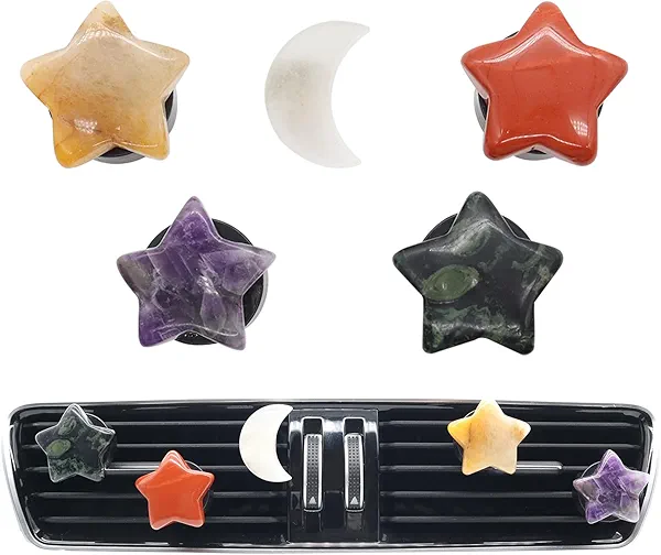 ORIESSE Boho Car Decor,Stars Moon Air Vent Clips,Refillable Car Fresheners,5pcs Natural Crystal Stone Hippie Dashboard Decorations Accessories,Best Wishes for Lover and Friend